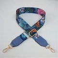 Adjustable wide shoulder strap with floral patterns and golden metal lobster buckles - Blue Flower + Lake Blue Leather