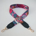 Adjustable wide shoulder strap with vibrant pink and blue floral print and gold hooks - Colorful Flower + Green Leather