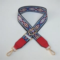 Adjustable wide woven shoulder strap with colorful geometric diamond pattern and gold hooks - Blue Rhombus + Red Leather