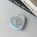 Dettaglio supporto telefono a cuore in pelle blu con bordo strass e decoro orsetto - Magnetico-Specchio Orso Cuore Pelle di Serpente-Blu