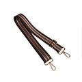 Close-up of adjustable nylon woven strap with red and green stripes and gold metal hooks - Brown Stripes
