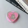 Supporto per telefono a cuore con pelle rosa, cristalli e orsetto a specchio lucido - Magnetico-Specchio Orso Cuore Pelle di Serpente-Rosa