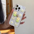 Funda transparente para iPhone con tulipán amarillo 3D, margarita y adornos de mariposas - iPhone 17 Pro Max / Pegamento de Goteo de Cielo Estrellado Tulipán Amarillo