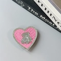 Detail view of heart-shaped phone grip with pink croc texture and rhinestone bear mirror - Transparent Stand-Snakeskin Heart Bear Mirror-Rose Red