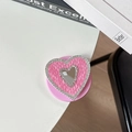 Macro detail of pink heart phone grip with sparkling rhinestones and mini mirror - Magnetic - Rose Red