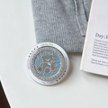 Close-up of a blue rhinestone bear phone grip and makeup mirror with Gift For You text - Magnetic Model / Blue