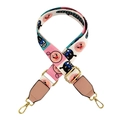 Close-up of adjustable wide woven strap featuring cartoon Anpanman pattern with gold hardware - White Cartoon with Pink Leather