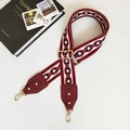 Adjustable ethnic style woven bag strap in red and white geometric patterns with gold hooks - Red Circles with Wine Red Leather