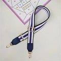 Close-up of striped purple and white bag strap with gold metal hooks and blue leather - Blue