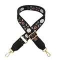 Adjustable bohemian floral embroidery shoulder strap with gold hardware for crossbody bags - Black Floral with Black Leather