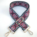 Ethnic geometric pattern bag strap with red and blue embroidery and gold hardware - Black Red Flower