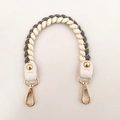 Detail of woven white and grey bag handle strap with gold hardware and leather ends - 1.5cm Wide / Grey Short