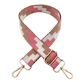 Adjustable wide woven shoulder strap with pink and brown geometric patterns and gold clips - Silver Clasp / Khaki White Deep Pink