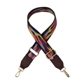 Detail showing bohemian rainbow pattern on wide shoulder strap with gold metal hooks - Black Border Clouds + Coffee Leather