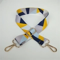 Close-up of geometric pattern shoulder strap with golden metal lobster hooks and buckle - No. 15 Grey Yellow Diamond