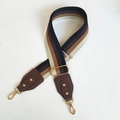 Adjustable striped wide canvas shoulder strap with brown leather and gold metal hooks - Black Coffee Stripes + Brown