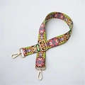 Close-up of geometric ethnic pattern wide shoulder strap with gold metal buckles - Silver Clasp / Floral Green