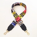 Ethnic style wide bag strap with colorful license plate prints and gold metal hooks - Graffiti Letters + Black Leather