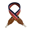 Verstellbarer, marineblau-rosa gestreifter breiter Taschengurt mit Goldhaken - Gelbe Streifen + Braunes Leder