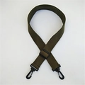 Close-up of army green canvas bag strap with adjustable black plastic buckle and swivel hooks - Army Green