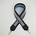 Détail de la bandoulière en nylon rayé réglable avec boucles dorées et attaches en cuir - Style 2 Rayures Bleu Noir