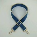Detail of adjustable dark blue nylon strap with beige edges and gold swivel lobster clasps - Lake Blue