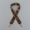 Detail of adjustable khaki woven strap with black lettering and gold metal buckles - Style 3 Versatile Silver Buckle
