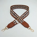 Detail of adjustable wide woven strap with chain pattern and gold metal lobster clasps - Silver Clasp / No.1 Brown Circles + Brown Leather Trim