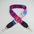 Detail of colorful geometric woven bag strap with golden hooks and black leather ends - Silver Clasp / No.6 Color Contrast Ribbon + Black Leather Trim