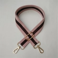 Detail of pink and brown striped cotton guitar strap with adjustable gold metal buckle - Pink Coffee Stripe