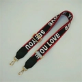Detail of adjustable patterned shoulder strap with gold hooks and street style text - Letter Black Leather Trim