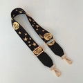 Adjustable wide black fabric bag strap with gold stars and premium metal hooks - Square Head Style