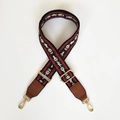 Close-up of ethnic colorful woven bag strap with golden buckles and brown leather ends - Flame Mountain Pattern + Brown Leather Ends + Gold Hook