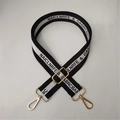 Adjustable black and white woven shoulder strap with gold hooks and letter jacquard - Black