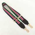 Close-up of adjustable striped shoulder strap with gold metal buckles and leather ends - Green Red Blue