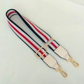 Adjustable striped canvas bag strap with PU leather ends and gold-toned metal hooks - White-Red-White