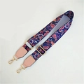 Ethnic wide bag strap with pink floral patterns, blue fabric, and gold hardware buckles - Morning Glory Pink / Silver Clasp