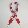 Detail of adjustable red and white striped bag strap with gold metal hooks and red faux leather - Style 2 Red