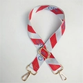 Detailed view of red and white striped canvas strap with blue lettering and gold buckle - Style 2 All-match