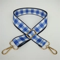 Blue and white checkered adjustable wide shoulder strap with golden metal swivel hooks - No. 14 Blue White Grid
