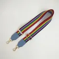 Adjustable rainbow striped bag strap with light blue leather ends and gold metal clips - Blue Striped / Silver Clasp