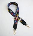 Ethnic style woven geometric bag strap with golden metal hardware and leather ends - Film Pattern Black / Silver Clasp
