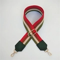 Adjustable wide striped fabric shoulder strap with green leather and gold metal hooks - Style 5 Green