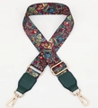Adjustable colorful ethnic bag strap with abstract graffiti pattern and green leather ends - Christmas Tree Green Leather / Silver Clasp