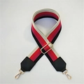 Adjustable striped wide bag strap in black, red, and grey with gold metal hooks - Style 8 Black