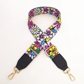 Ethnic style colorful floral wide replacement shoulder strap with gold metal buckles - Flower Pattern + Black Leather