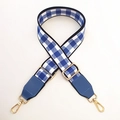 Adjustable blue and white checkered bag strap with gold metal buckles and leather ends - Blue White Grid + Lake Blue Leather