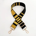 Detailed close-up of adjustable yellow and black striped wide bag strap with gold metal hooks - Yellow Black Gold Buckle