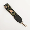 Detail of camouflage woven replacement wrist strap with black leather and gold metal clasp - Green