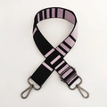 Detail of adjustable striped wide nylon bag strap with gunmetal swivel hooks and buckle - Purple Black Gunmetal Buckle